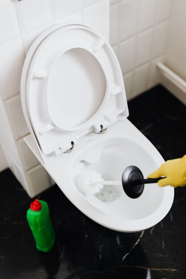 Cleaning a toilet bowl with a brush and disinfectant